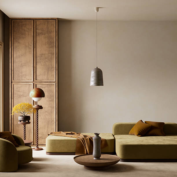 istock Tranquil earth toned living room with modern minimalist design. 3D illustration 2221521076