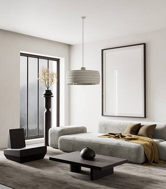 Soft neutral tones meet modern living room elegance. 3D illustration