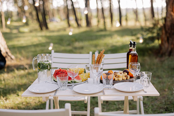 istock Festive table setting with delicious food in a pine forest for a summer picnic 2221538047