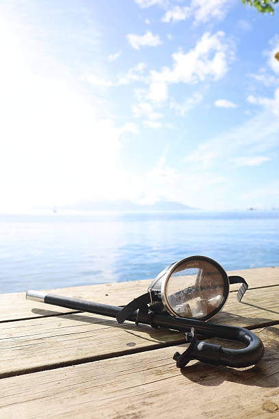 A diving mask and snorkel sitting on a dock in Tahiti