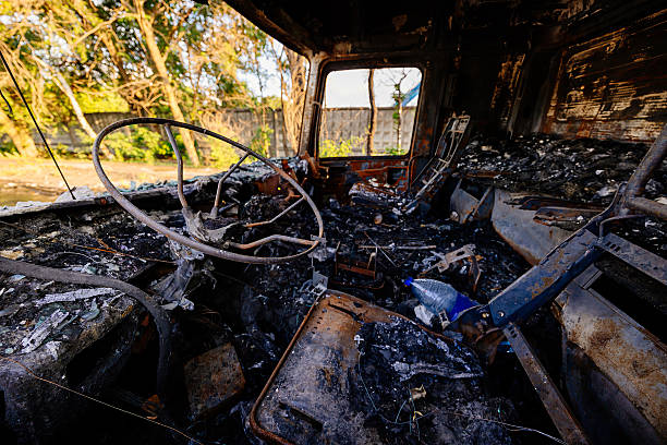 Inside of burnt truck. Fire or attack aftermath.