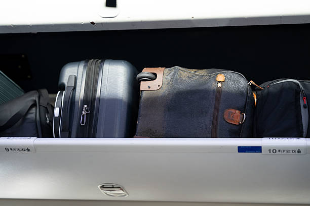 An airplane overhead bin full of miscellaneous luggage.