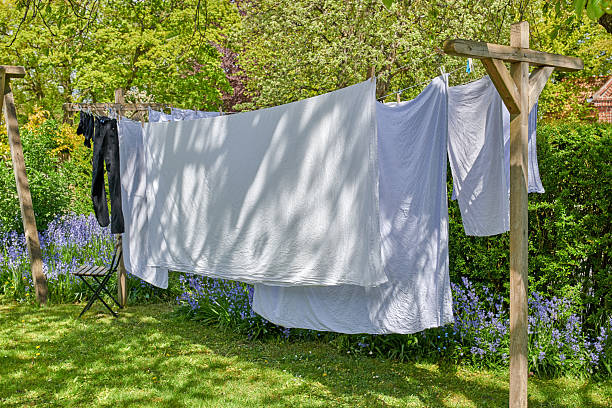 istock Freshly Washed Laundry Drying Outdoors in a Lush Garden With Bluebells 2221564692