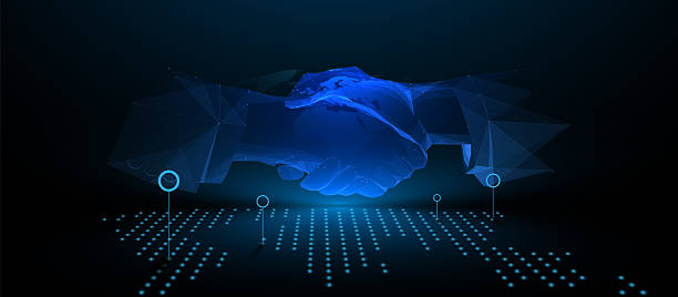 istock Two businessmen shaking hands with a backdrop of a word map dot digital background. Lines and triangles, a pointy, starry connecting network 2221567594