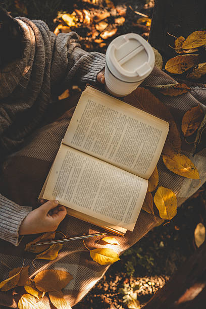 Person in cozy sweater holding reusable cup while reading a book outdoors in autumn park, surrounded by warm tones, fallen leaves, and soft sunlight