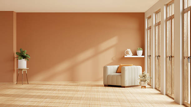 istock Home interior with an armchair on empty orange wall background,Minimal room- 3D rendering 2221586030