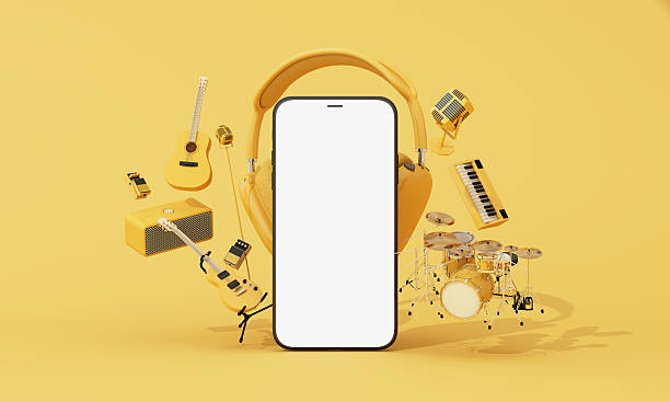 istock Minimalist 3D rendering of smartphone with blank screen and yellow musical instruments, ideal for music apps, podcasts, and streaming platforms. 3d rendering. 2221592629
