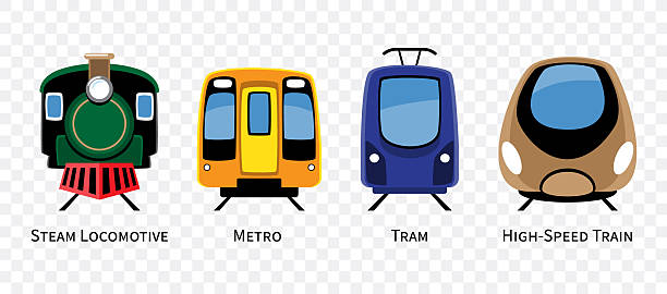 Train types vehicles set cartoon illustration . Included stream locomotive, metro, tram, high-speed train . Flat design . Isolate on white background . Vector .