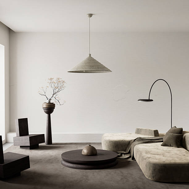 istock Minimalist elegance in a serene living room. 3D illustration 2221608302