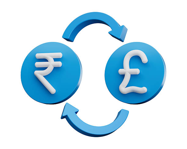 istock 3d White Rupee And Pound Symbol On Rounded Blue Icons With Money Exchange Arrows, 3d illustration 2221610032