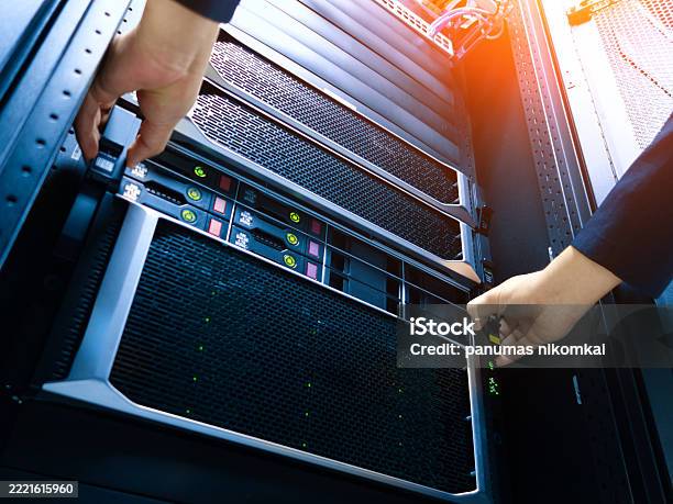 Installing Commercial Server Racks Hands Installing Server In Data Center Rack Stock Photo - Download ...