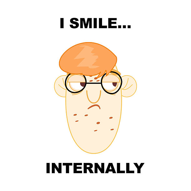 Funny nerd cartoon face with glasses, red hair, sarcastic slogan, âI smile internallyâ, meme vector art