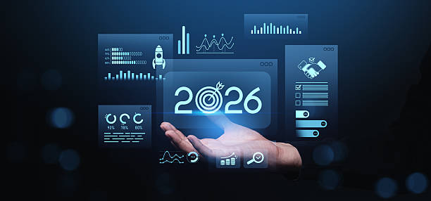 istock Business hand holding 2026 digital data interface with futuristic UI charts. 2221621503