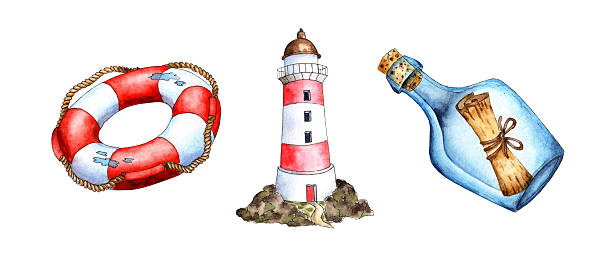 Watercolor painting set Bottle with note, lighthouse, lifebuoy. Naval support, sailor property. Collection of marine adventures. Help, saving a drowning man. Isolated over white background. Drawn by hand.