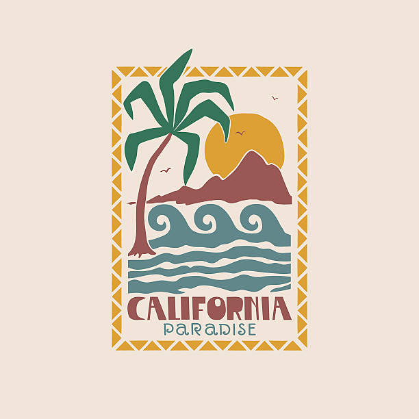 California paradise. Summer coast. Hand drawn tropical design for kids. Graphic tee print for children. Vector illustration for kids. Perfect for t-shirt, poster, surface design