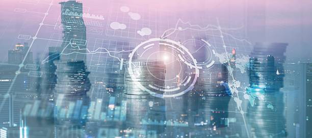 istock Business intelligence control interface marketing finance management. Silhouettes in the background 2221633582