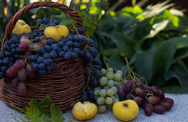 Basket of ripe fruits on the table.