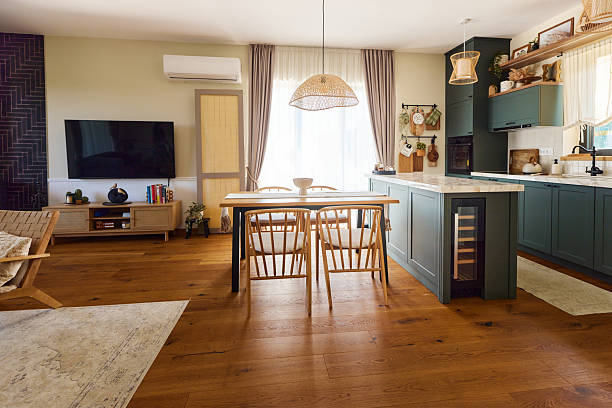 Modern dining room with a kitchen.