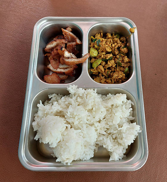 Stainless Steel Plate with Thai Southern-Style Stir-Fry and Fried Pork