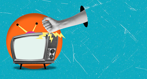 istock Hand striking a retro television on a bright color background with geometric patterns 2221639917