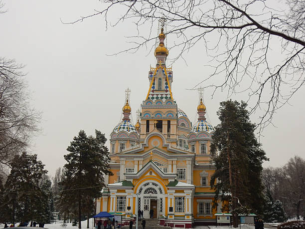 Almaty, Kazakhstan - October, 13, 2019: Russian Orthodox Ascension cathedral located in Panfilov Park in Almaty, Kazakhstan. Completed in 1907, it is the second tallest wooden building in the world.