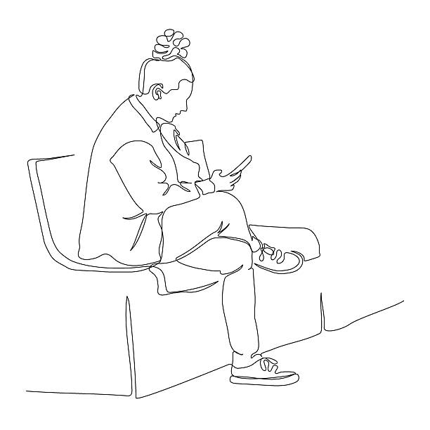 istock Woman sitting on bench and talking on the phone. Continuous line drawing. Black and white vector illustration in line art style. 2221643585