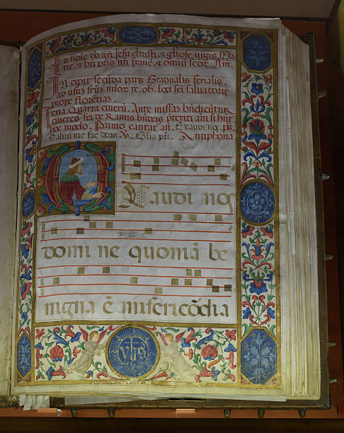 istock Illuminated choir book with decorated initials, musical notation, and floral borders, Renaissance manuscript from San Marco Monastery Library, Florence, Italy. 2221644721