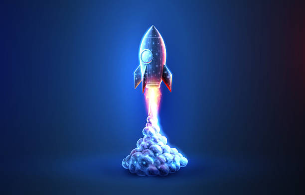 Digital rocket launch. Application startup, new project, fast tech, marketing solution Digital rocket launch. Application startup, new project, fast tech, marketing solution, product innovation, business growth, software development, launch rocket, startup concept launch event stock illustrations