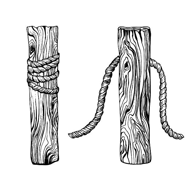 Two wooden posts wrapped with rope. Hand drawn vector illustration painted by black ink. Sketch in line art style isolated on white background. Perfect for maritime, rustic, or coastal themed design.