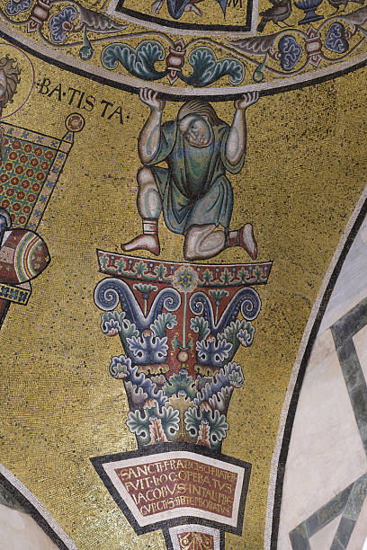 istock Mosaic telamon figure supporting decorative element in Florence Baptistery apse vault, medieval Byzantine-style art, Florence, Italy. 2221647468