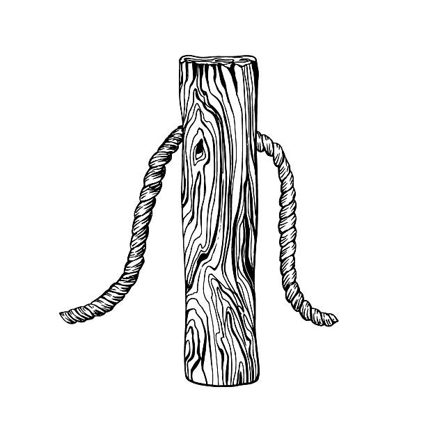 A wooden mooring post with a coiled rope. Black and white vector illustration capturing a nautical, rustic marine theme ideal for seaside or coastal design elements. Sketch isolated on white.
