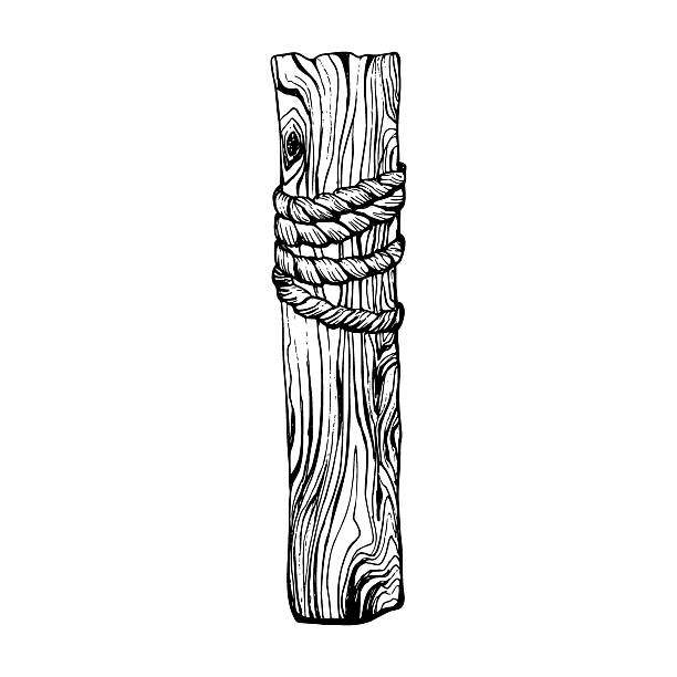 A wooden mooring post with a coiled rope tied around it. Black and white vector illustration capturing a nautical, rustic marine theme ideal for seaside or coastal design elements. Sketch isolated on white.