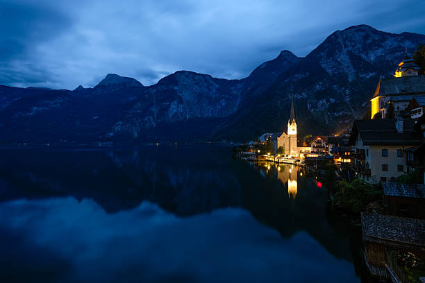 Hallstatt village on lake sunset blue hour Austria