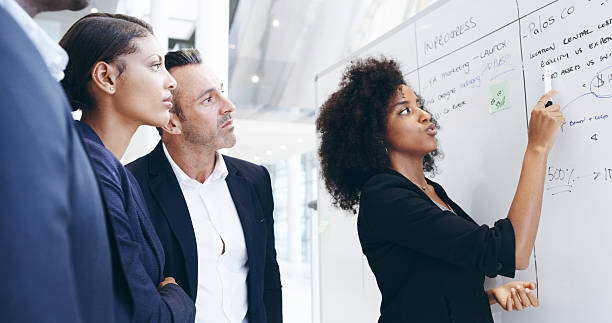istock Whiteboard, discussion or business people in meeting with schedule, task or project management. Leadership, list or team with timeline for brainstorming for progress, development or company resources 2221653139