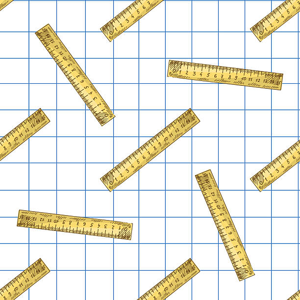 Seamless vector pattern with yellow measuring rulers on a grid notebook background. Hand drawn school supply design for educational, stationery and back to school projects.