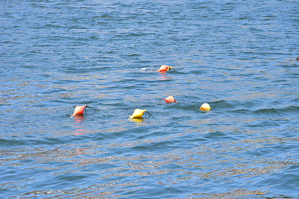 Group of red and yellow two-cone buoys serving unknown purpose. Location: Porto Portugal