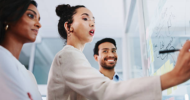 istock Glass wall, teamwork and business people in office, conversation and brainstorming for project. Employees, feedback or PR agency with ideas, planning and creative proposal with profit growth or smile 2221659432