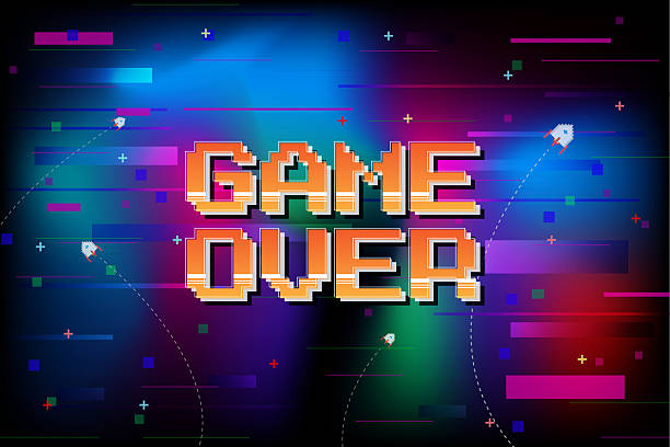 istock Game Over. Retro Futurism Sci-Fi Background. glowing neon grid. and stars from vintage arcade computer games, 3D game. 2221661393