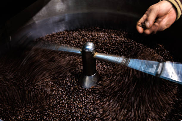 istock fresh coffee beans roasted spinning cover professional machine to soft focus slow shutter speed want to make motion blur of coffee beans detail concept,  worker hand check the quality of coffee beans. 2221663936