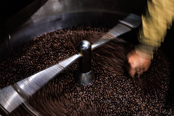 fresh coffee beans roasted spinning cover professional machine to soft focus slow shutter speed want to make motion blur of coffee beans detail, worker hand check the quality of coffee beans.