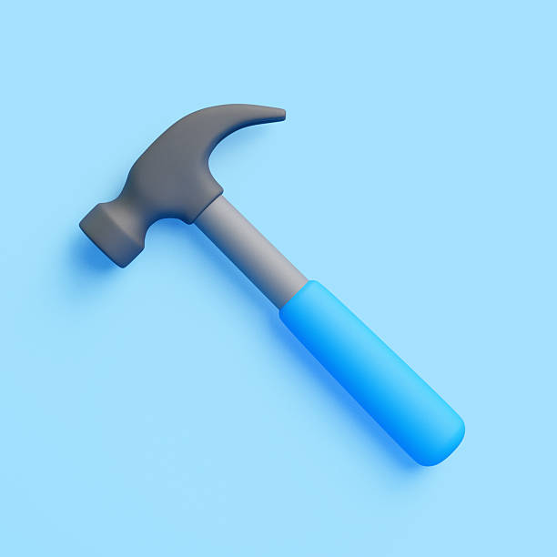 istock 3D Cartoon Hammer with Blue Handle on Blue Background 2221664385