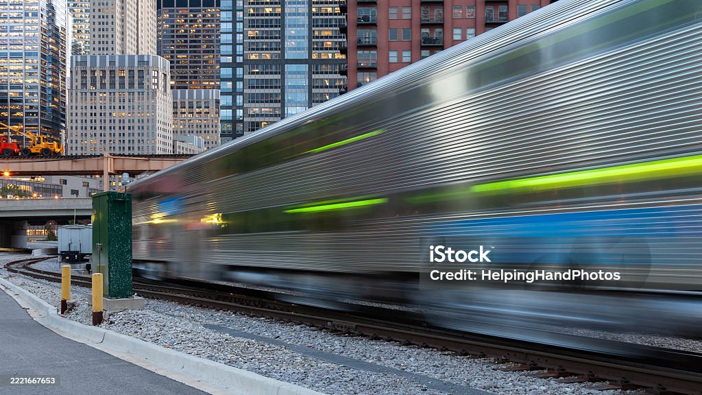 Urban background in Chicago, Illinois, with commuter train in motion, Train - Vehicle Stock Photo Urban background in Chicago, Illinois, with commuter train in motion, Train - Vehicle Stock Photo