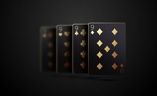 istock Realistic black cards vector design of four nines on black background. Playing poker or baccarat. Set of four of a kind nines black playing cards with gold suits for casino themes, gambling concepts 2221671603