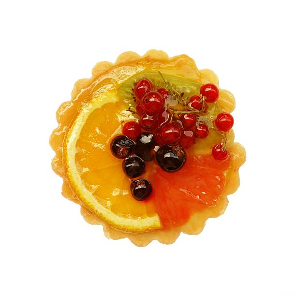 Top view of a glazed tart filled with red currants, isolated on white background. Perfect for bakery, patisserie, dessert menus, or sweet food styling projects.