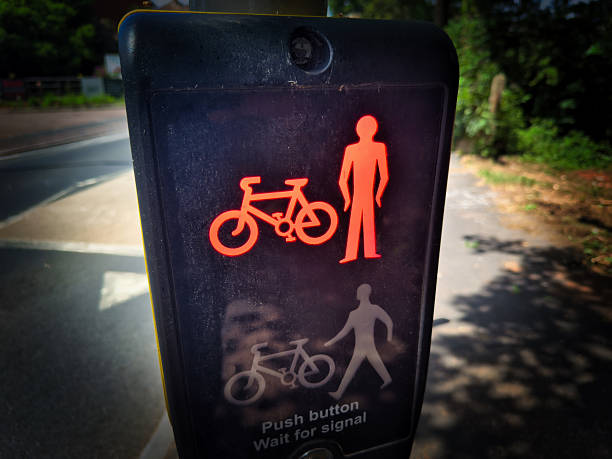 Photograph of the red man light at a pedestrian crossing.
