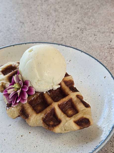 Delicious waffle topped with creamy vanilla ice cream and flower garnish, creating delightful dessert experience