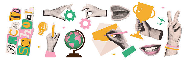 Big set with collage paper stickers for back to school or education theme. The halftone hand and study elements - laptop, globe, winner s cup. Vector dotted illustration.