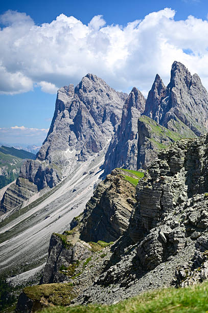 Seceda peaks towering over the dolomites on a sunny day