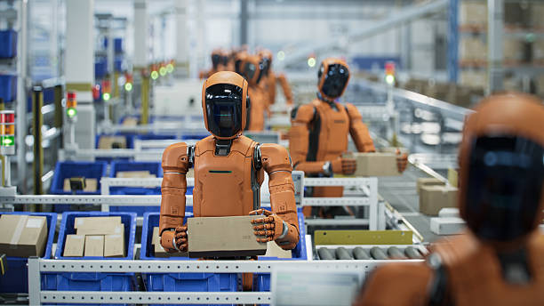 rendu 3d : robot humanoïde autonome activé par l’ia travaillant dans un centre de distribution. il trie des colis et déplace des boîtes. entrepôt automatisé ou centre logistique avec des robots humanoïdes à usage général - robot photos et images de collection