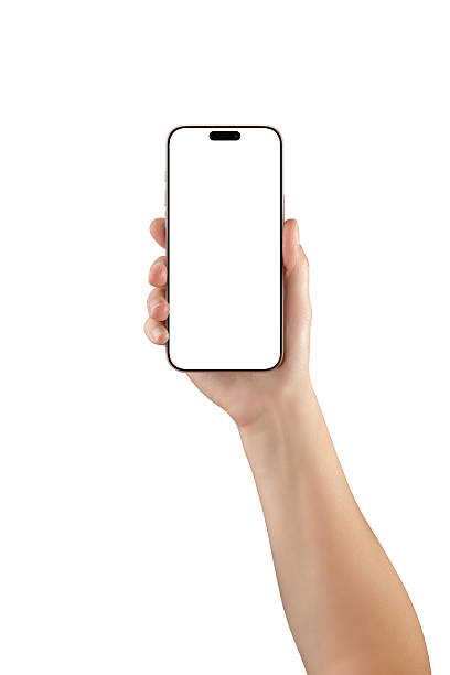 istock Female hand holding smartphone with blank screen, isolated on white background. Perfect for mobile UI, app previews, and product design 2221700637